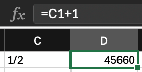 C1 contains 1/2. D1 is selected. The formula bar contains =C1+1 and the cell contains 45660.
