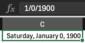 The formula bar contains 1/0/1900 and the selected cell contains Saturday, January 0, 1900.