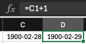 C1 contains 1900-02-28. D1 is selected. The formula bar contains =C1+1 and D1 contains 1900-02-29.
