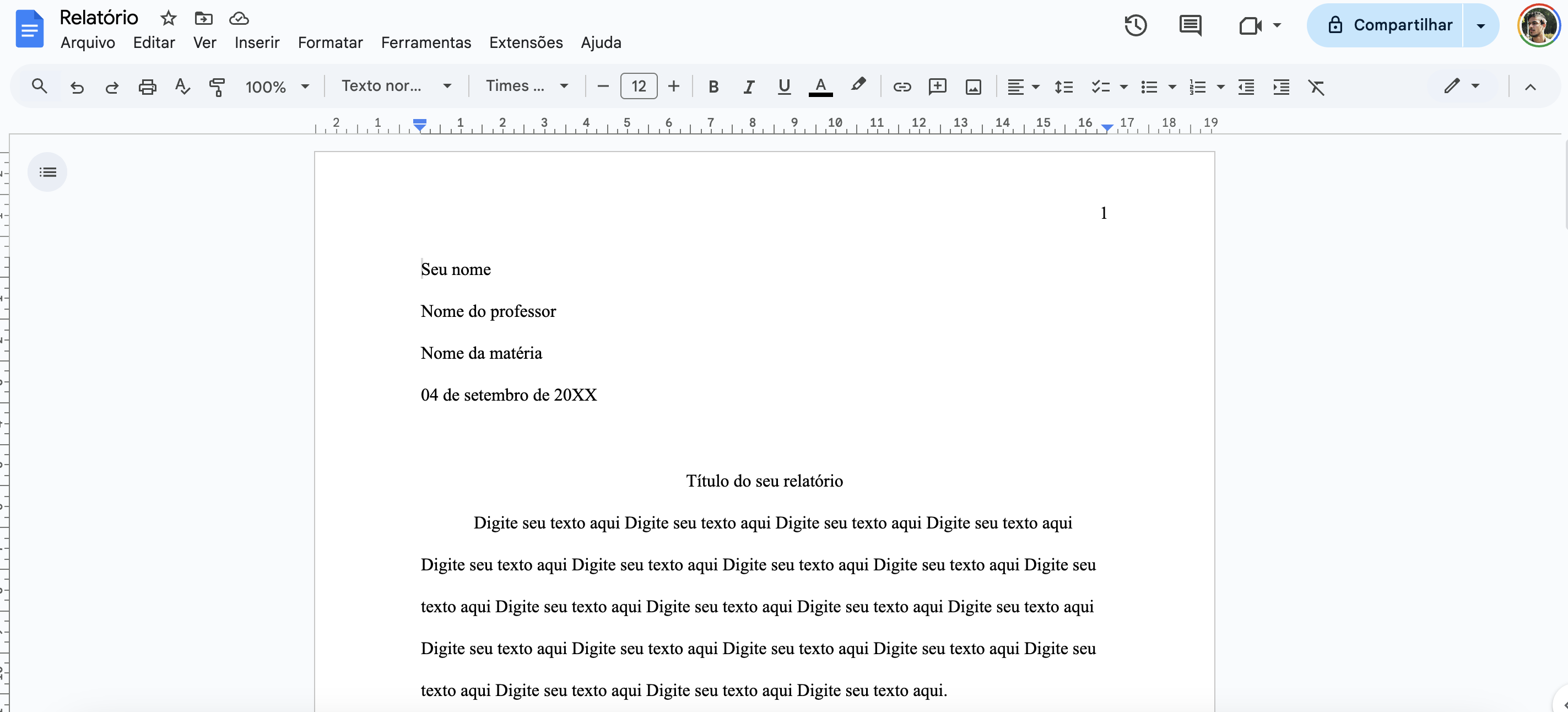 Template de um documento de Google Docs de um trabalho escolar 
