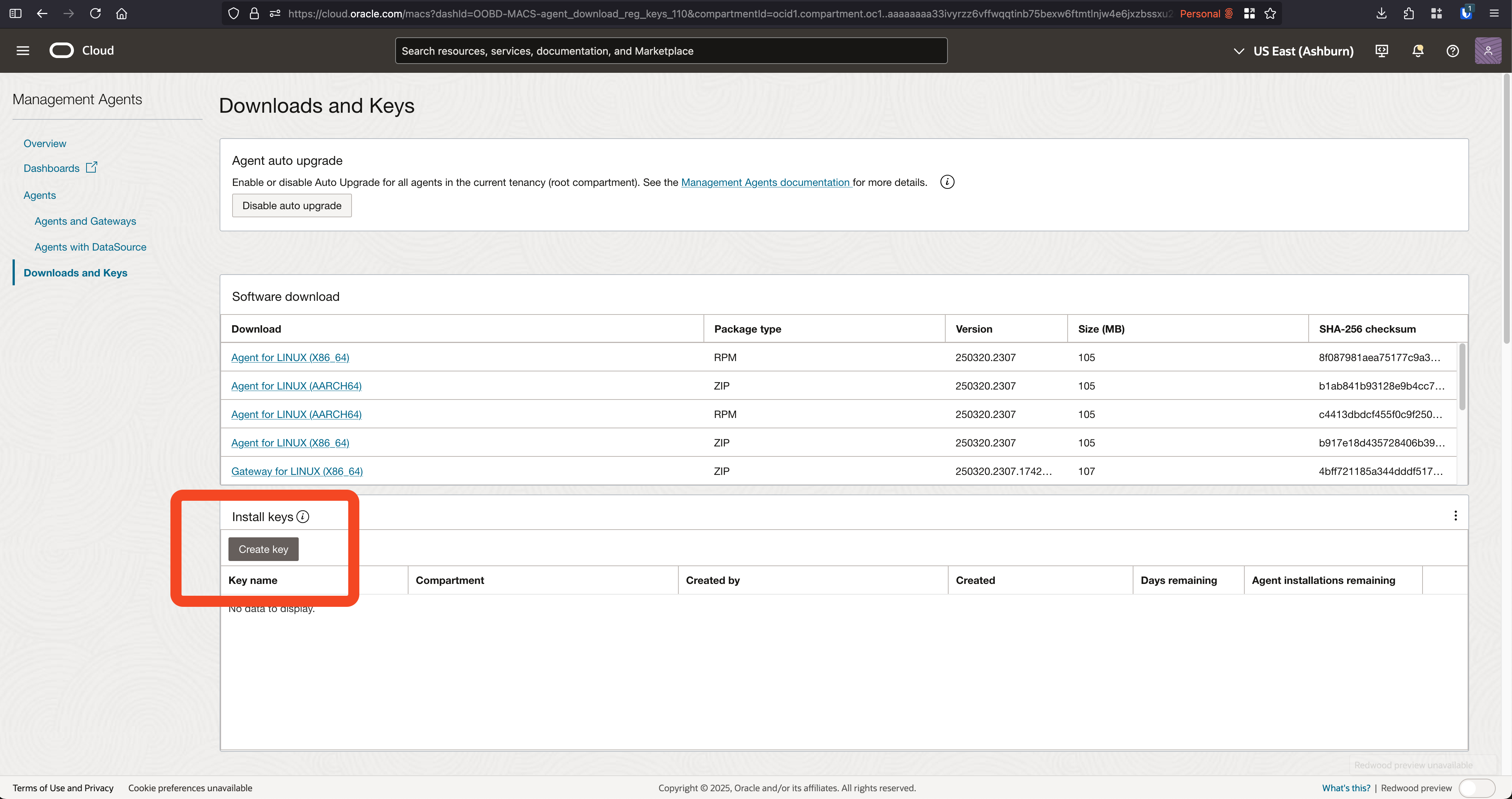 Screenshot of Download and Keys page to create a new key