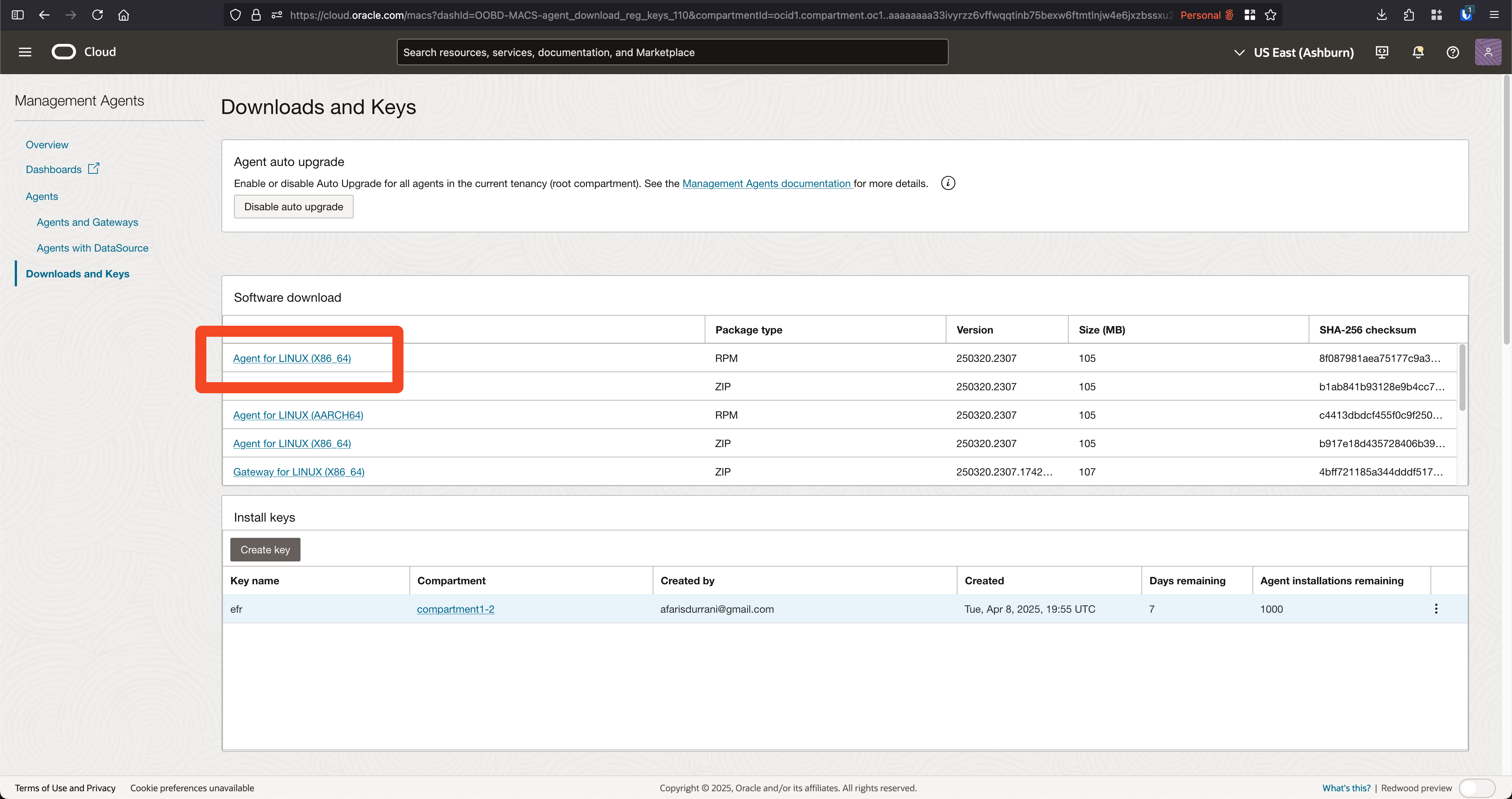 Screenshot of downloading the Linux Agent Installation files