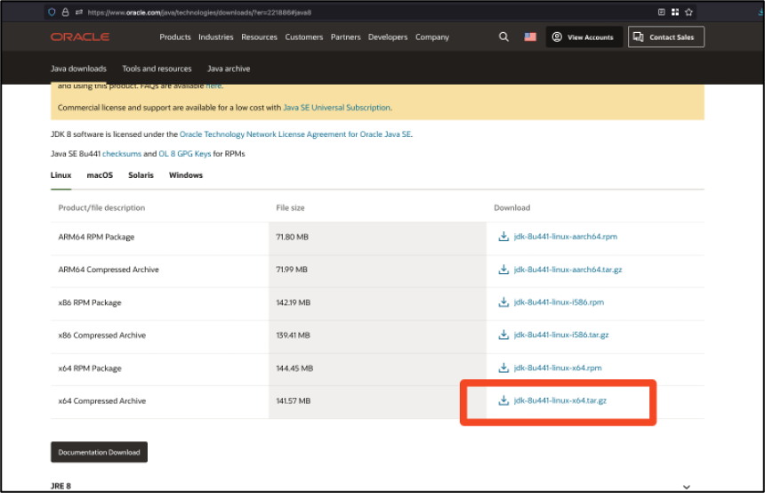 Screenshot of downloading Oracle Java tarball