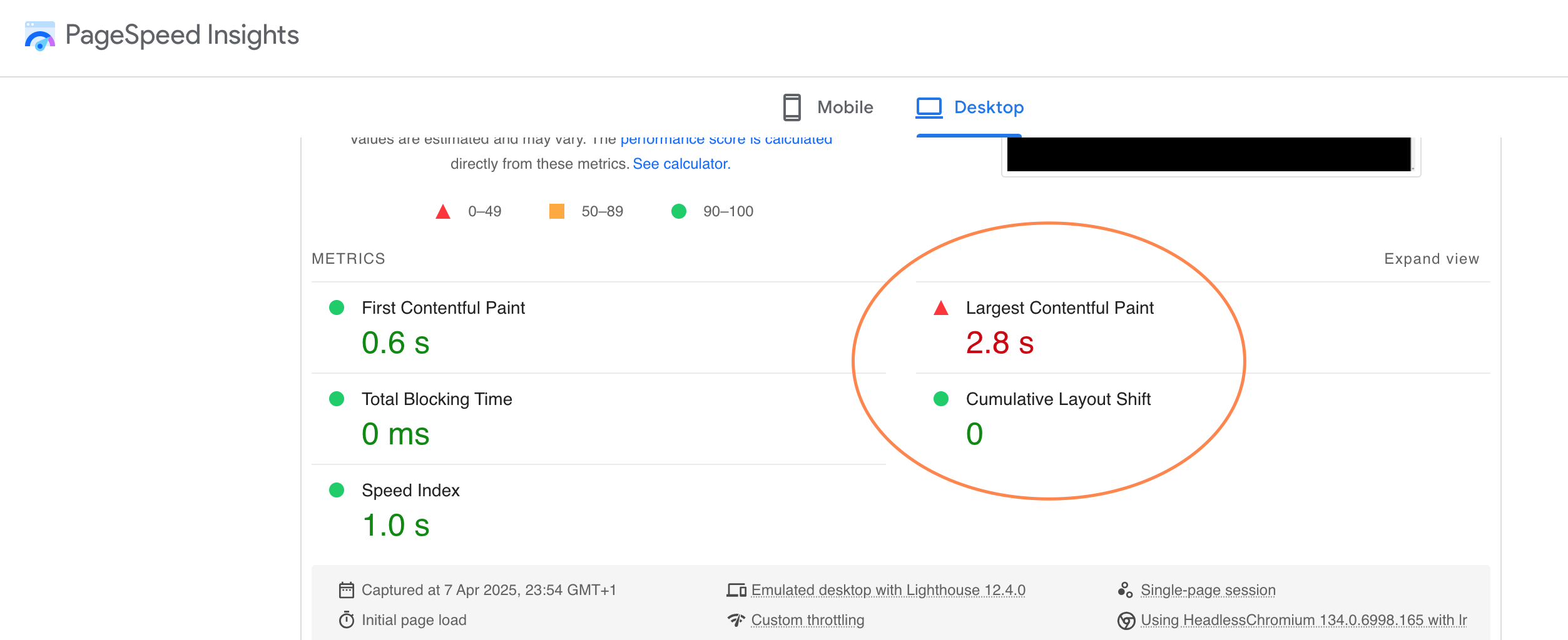 Screenshot of lcp measured in google pagespeed insight