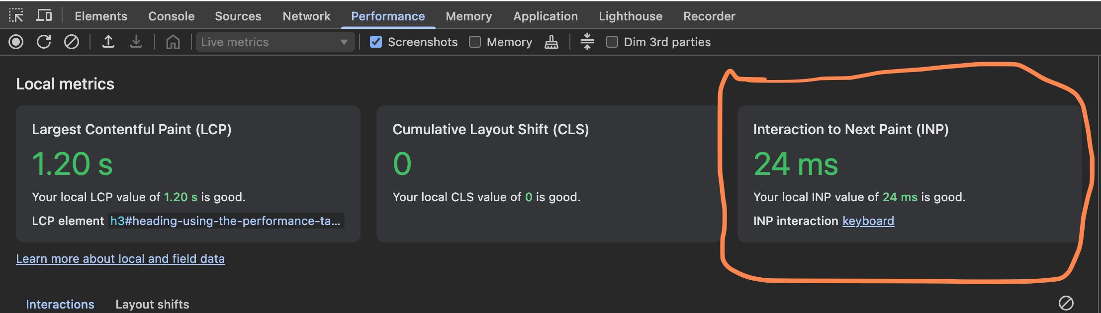 Screenshot of INP measured in chrome devtools