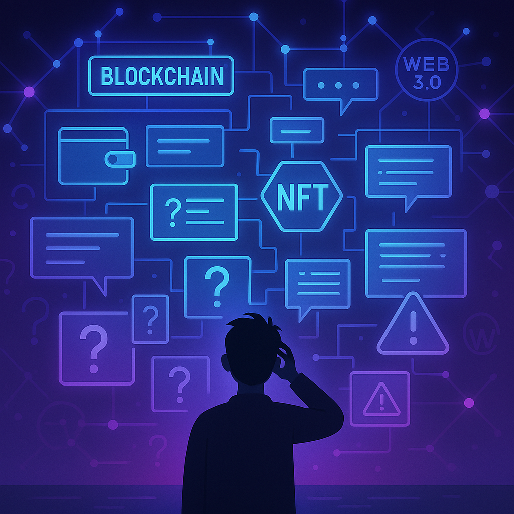 A conceptual digital artwork showing a confused user standing in front of a futuristic, complex blockchain interface filled with icons like wallets, NFTs, and smart contracts. The user is small, standing under a massive interface wall with floating UI elements, unclear instructions, and cryptic pop-ups. The background includes Web3 logos and glowing decentralized network nodes. The scene evokes frustration and confusion but with a futuristic, neon-lit tone. Style is modern, clean, and semi-abstract, like a tech product illustration