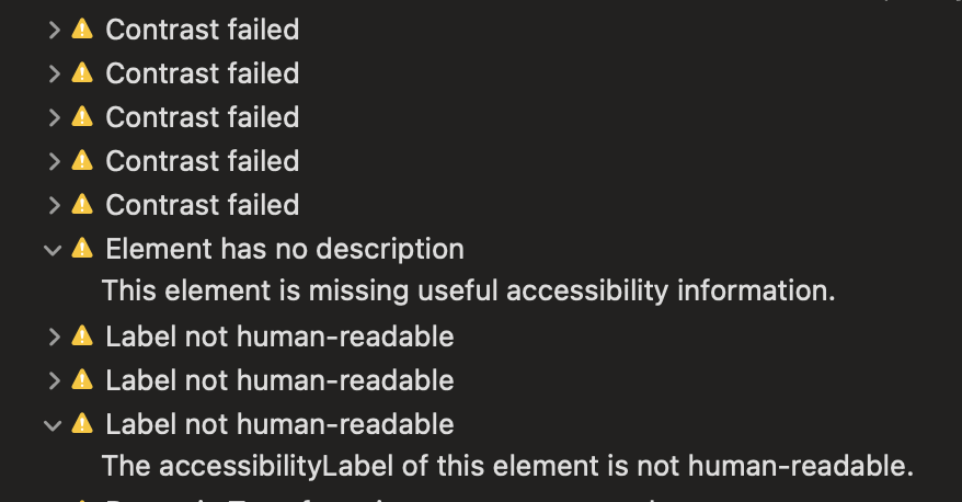 Automated audit result example that includes touch target size issues, dynamic type and element missing description