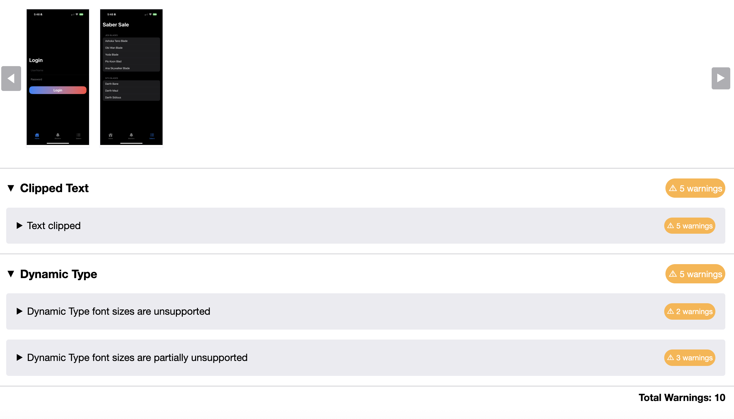 Example report showcasing the screen shots at the top, and the issues at the bottom