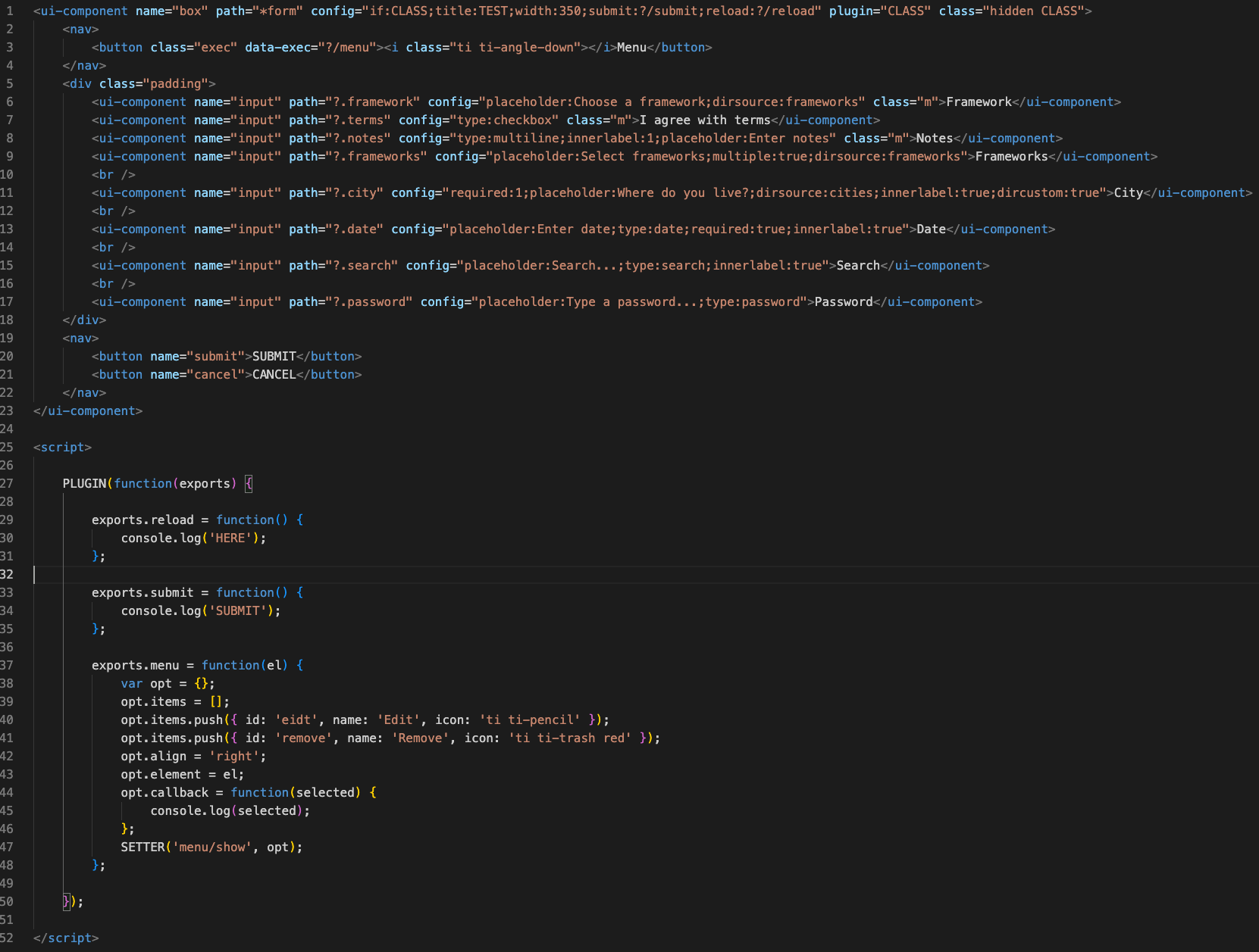 Complete code from the test.html file