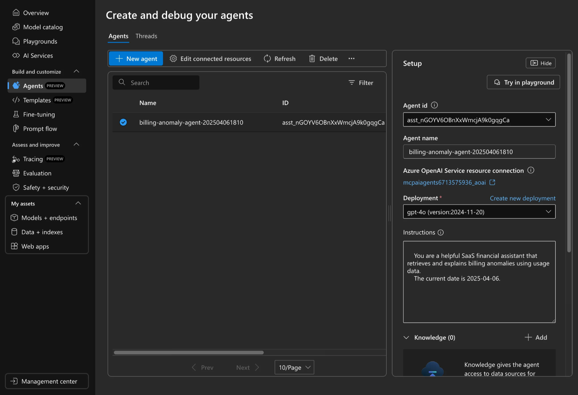 Azure AI Foundry agent playground