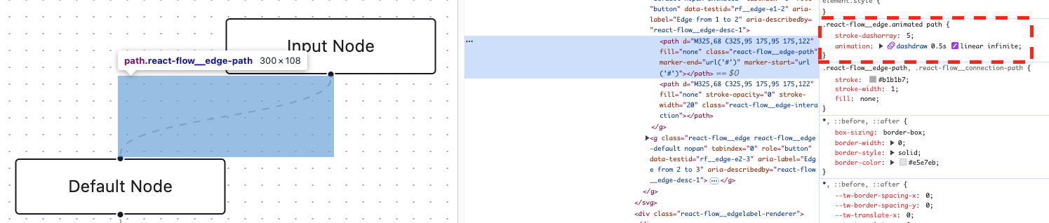 CSS style for animated edges in React Flow with animated=true.