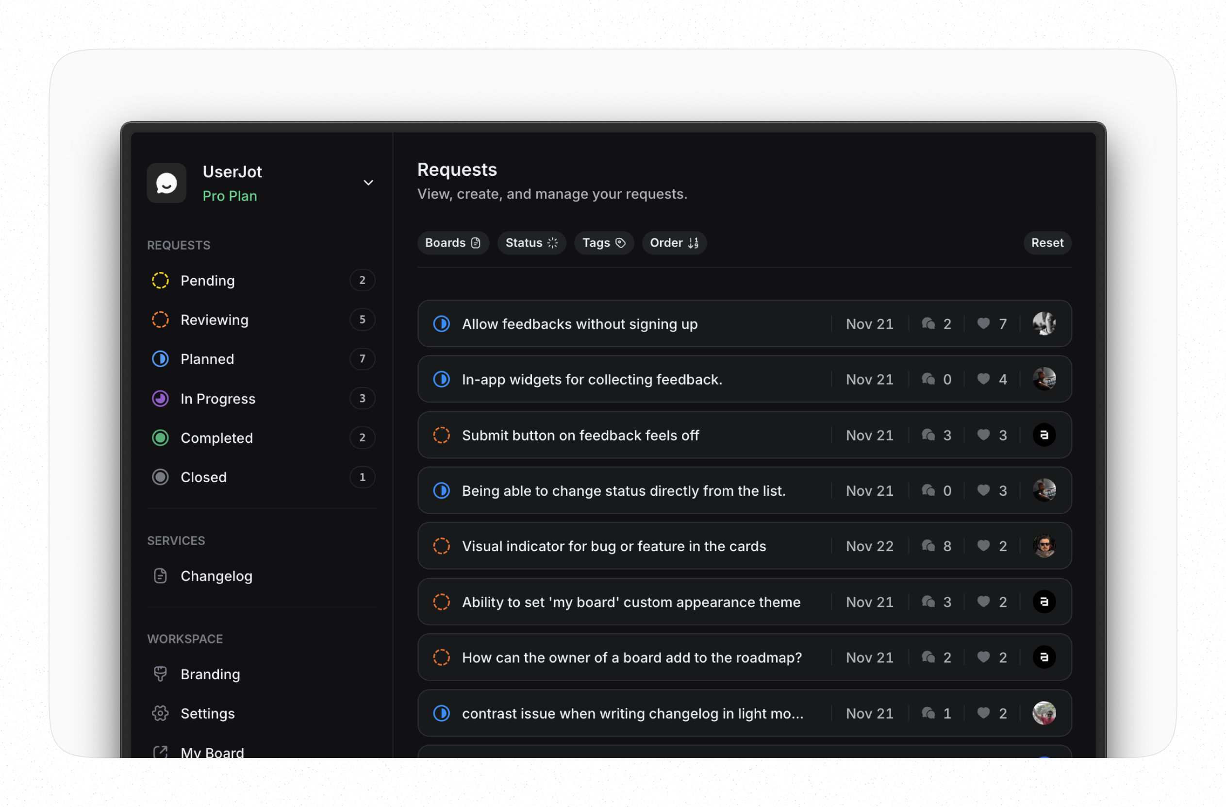 Screenshot of UserJot Internal Dashboard