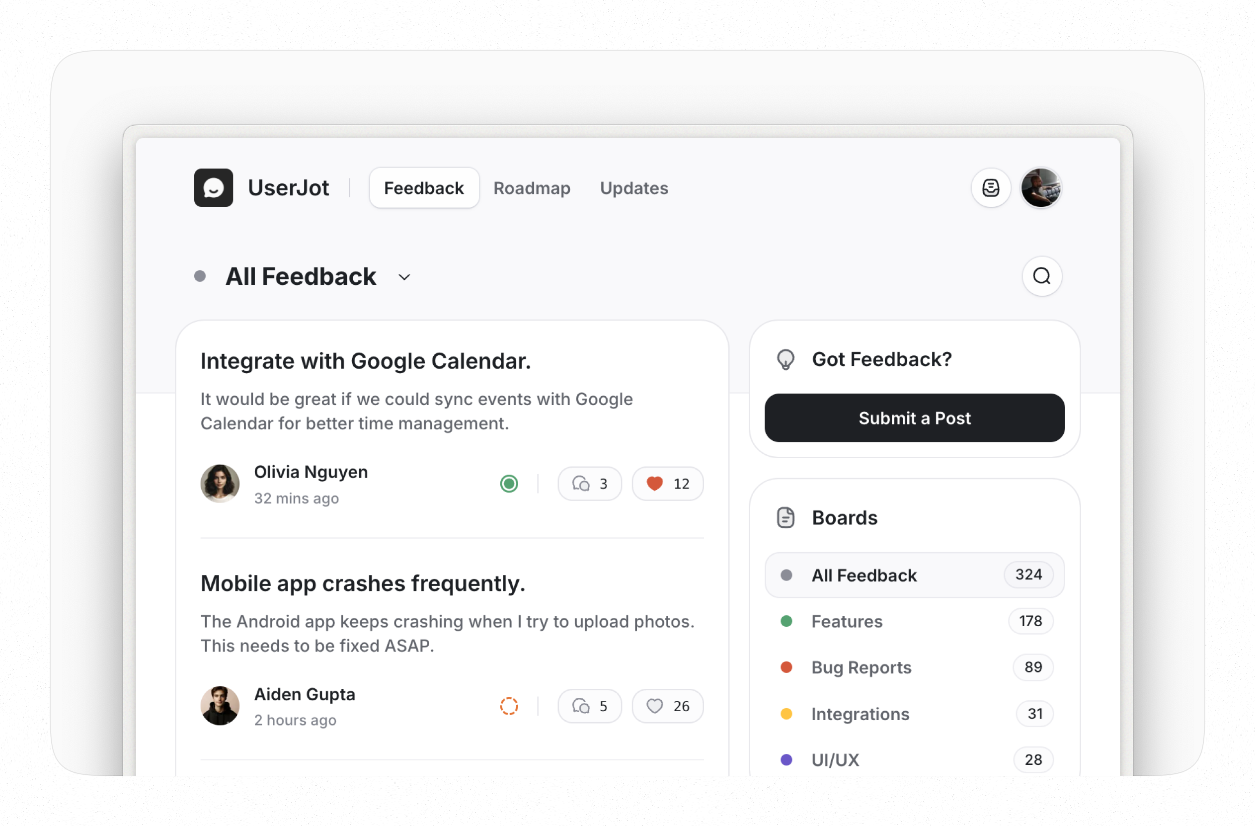 Screenshot of UserJot Public Feedback Board