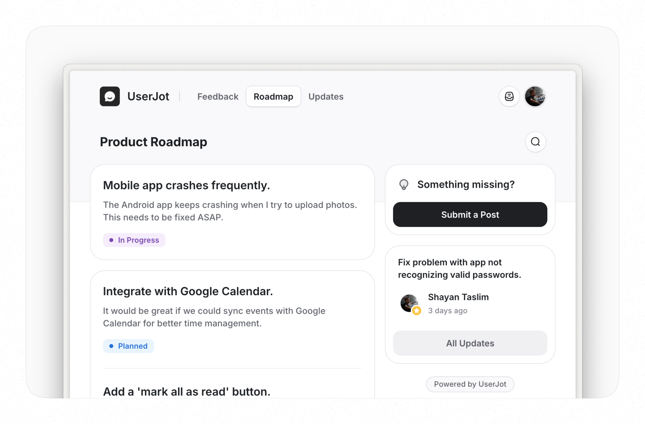 Screenshot of UserJot Public Roadmap Page