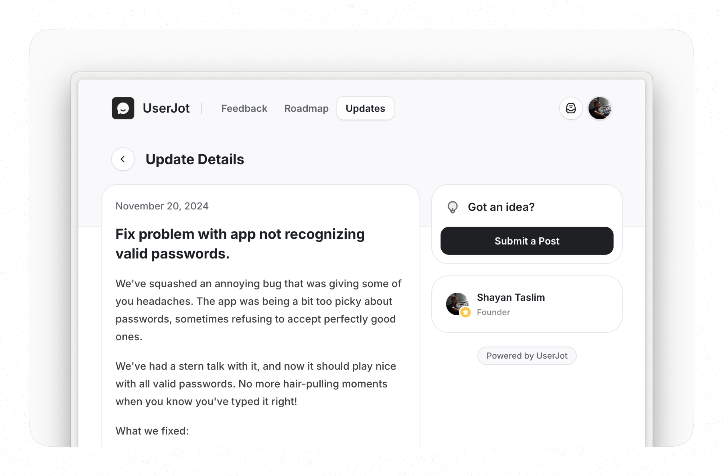 Screenshot of UserJot Public Changelog Page