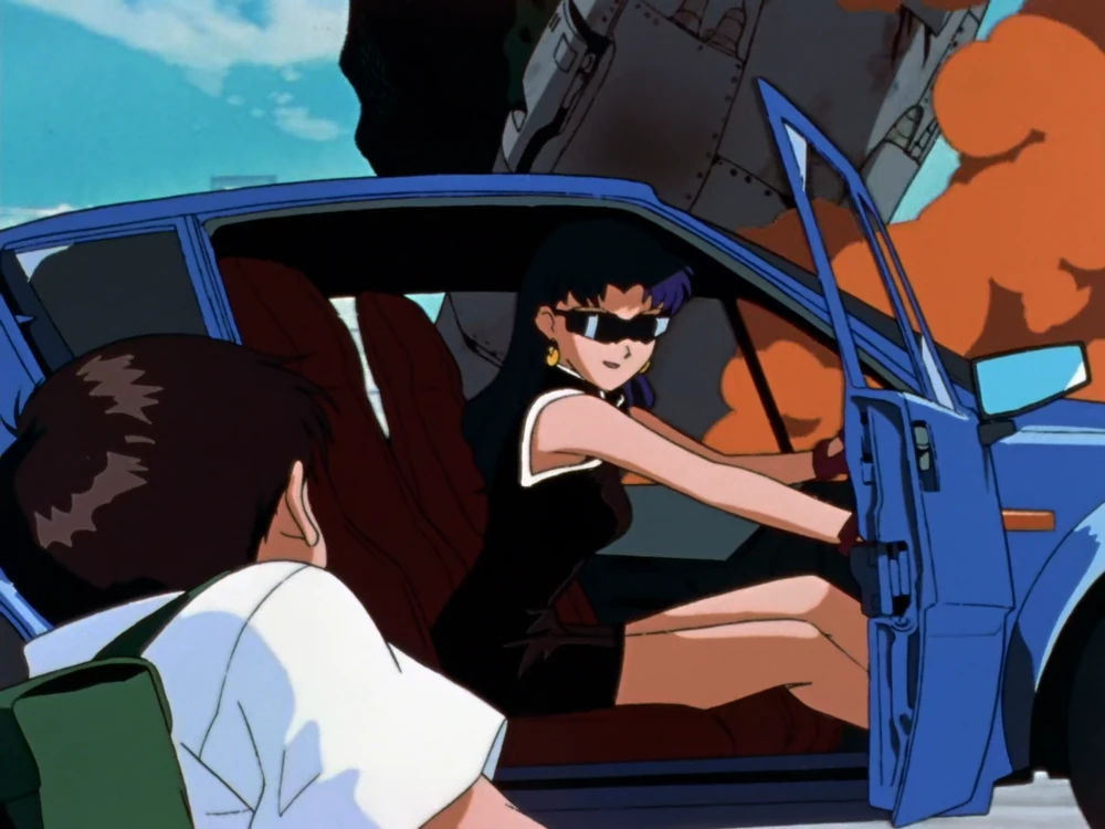 Image of Misato Katsuragi picking up Shinji in a blue car