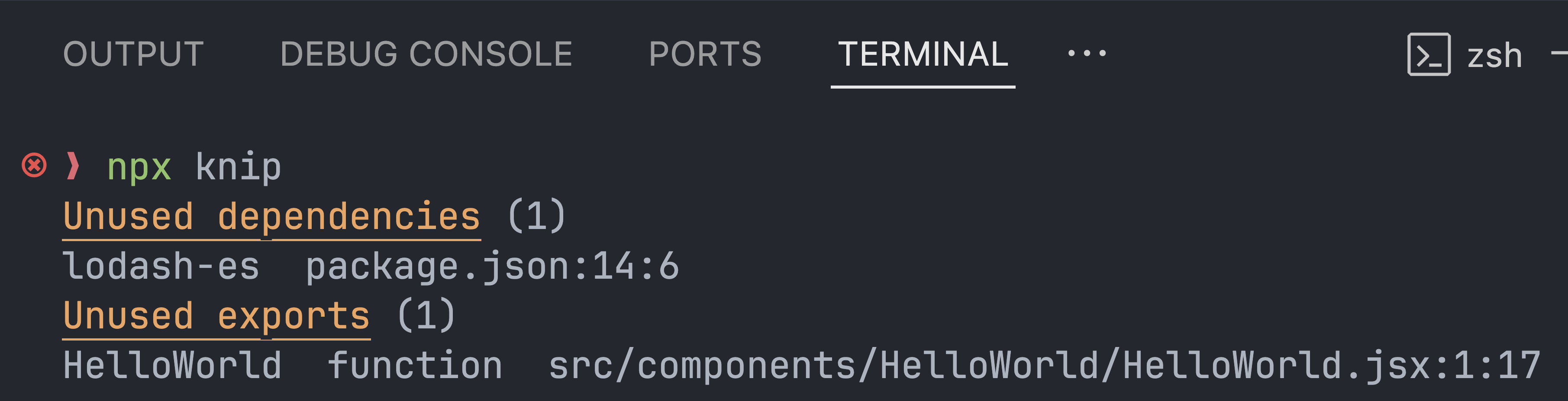 Results of running npx knip
