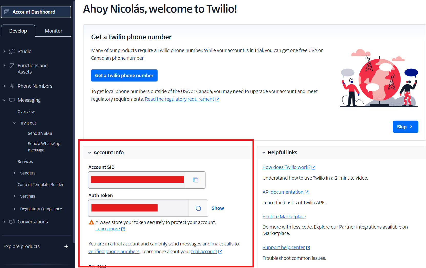 Image of Twilio main dashboard