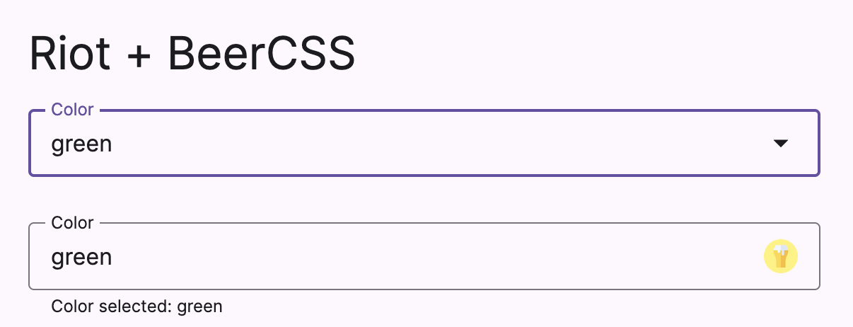 Two select components made with RiotJS with a list of strings as option