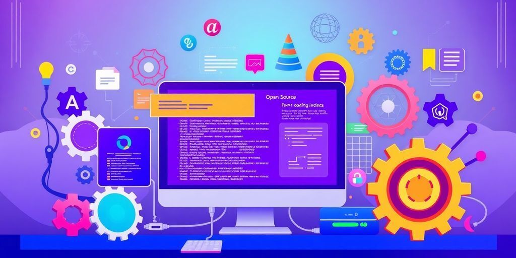 Illustration of open source web development tools and AI.