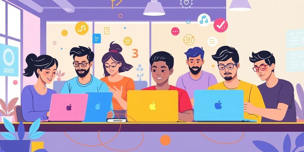 Developers collaborating on front end projects in a workspace.