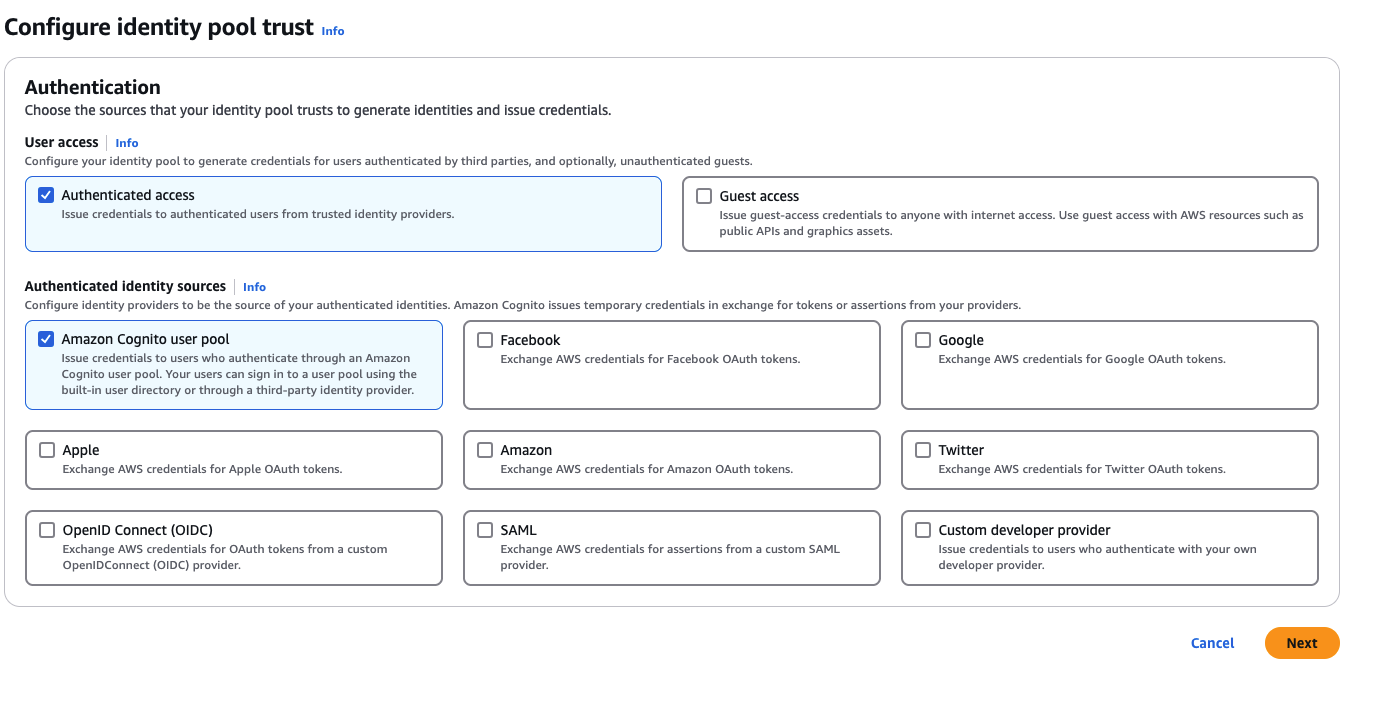 The first step of the Identity Pool form.
