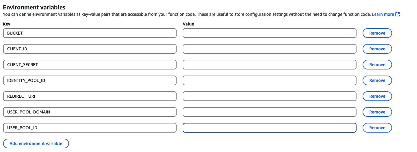 Env Variables form for the lambda function