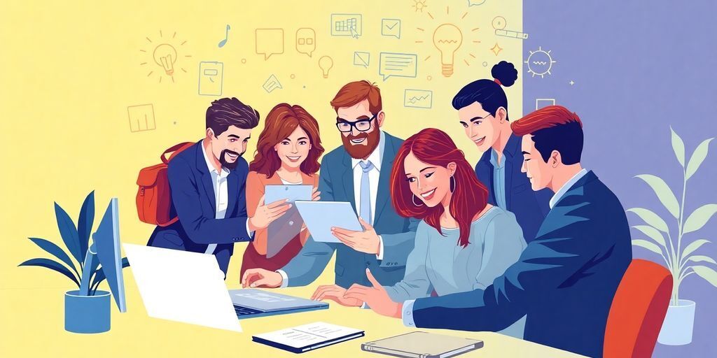 Diverse professionals collaborating with technology in a modern workspace.