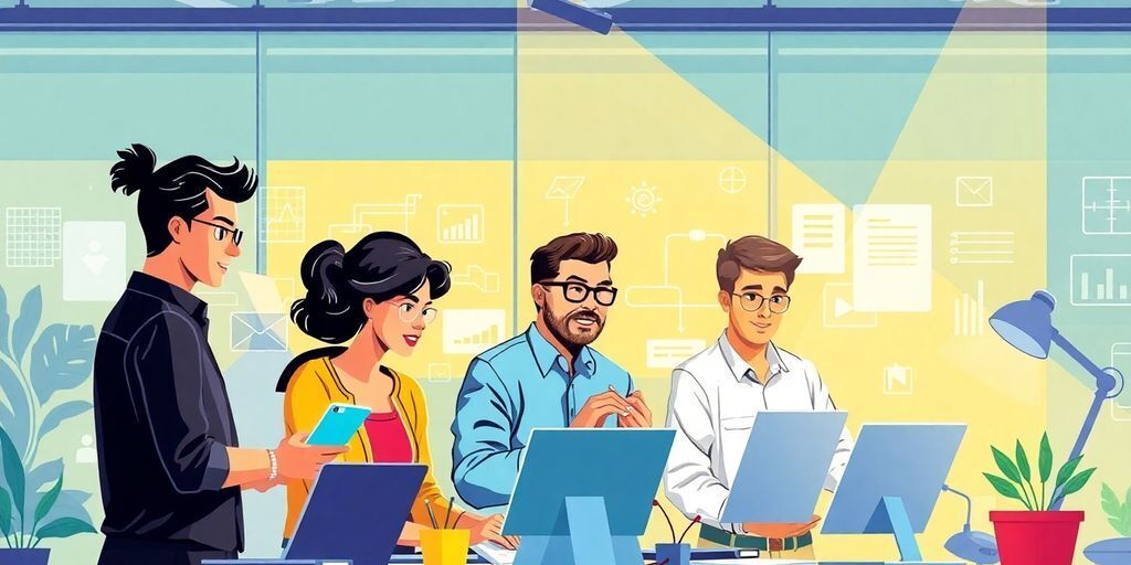 Diverse tech professionals collaborating in a modern workspace.