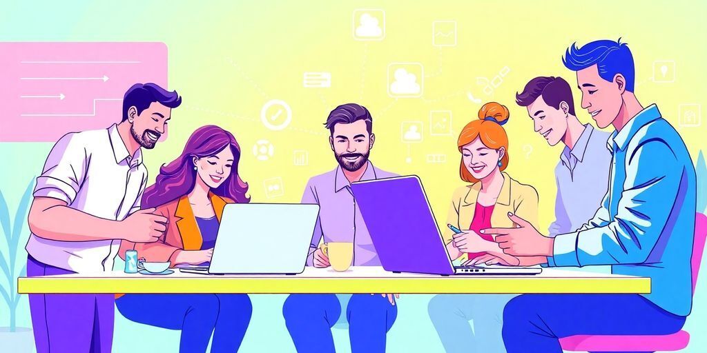 Diverse professionals collaborating with technology in a modern workspace.