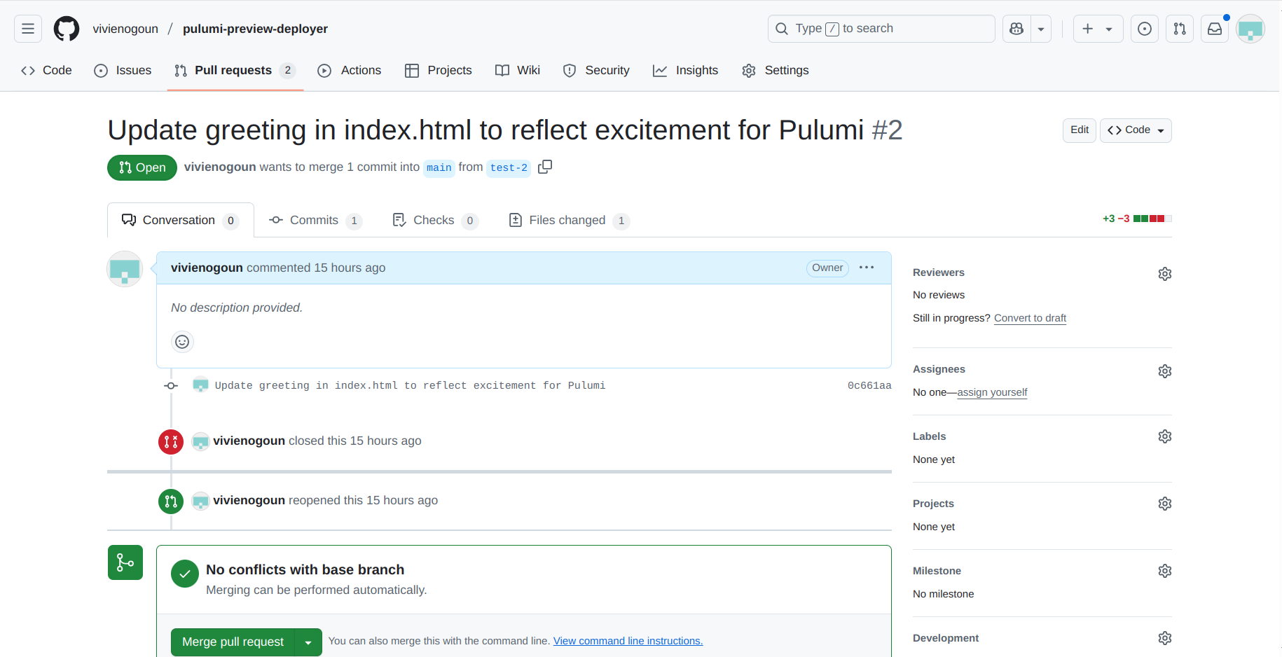 Screenshot of open pull request