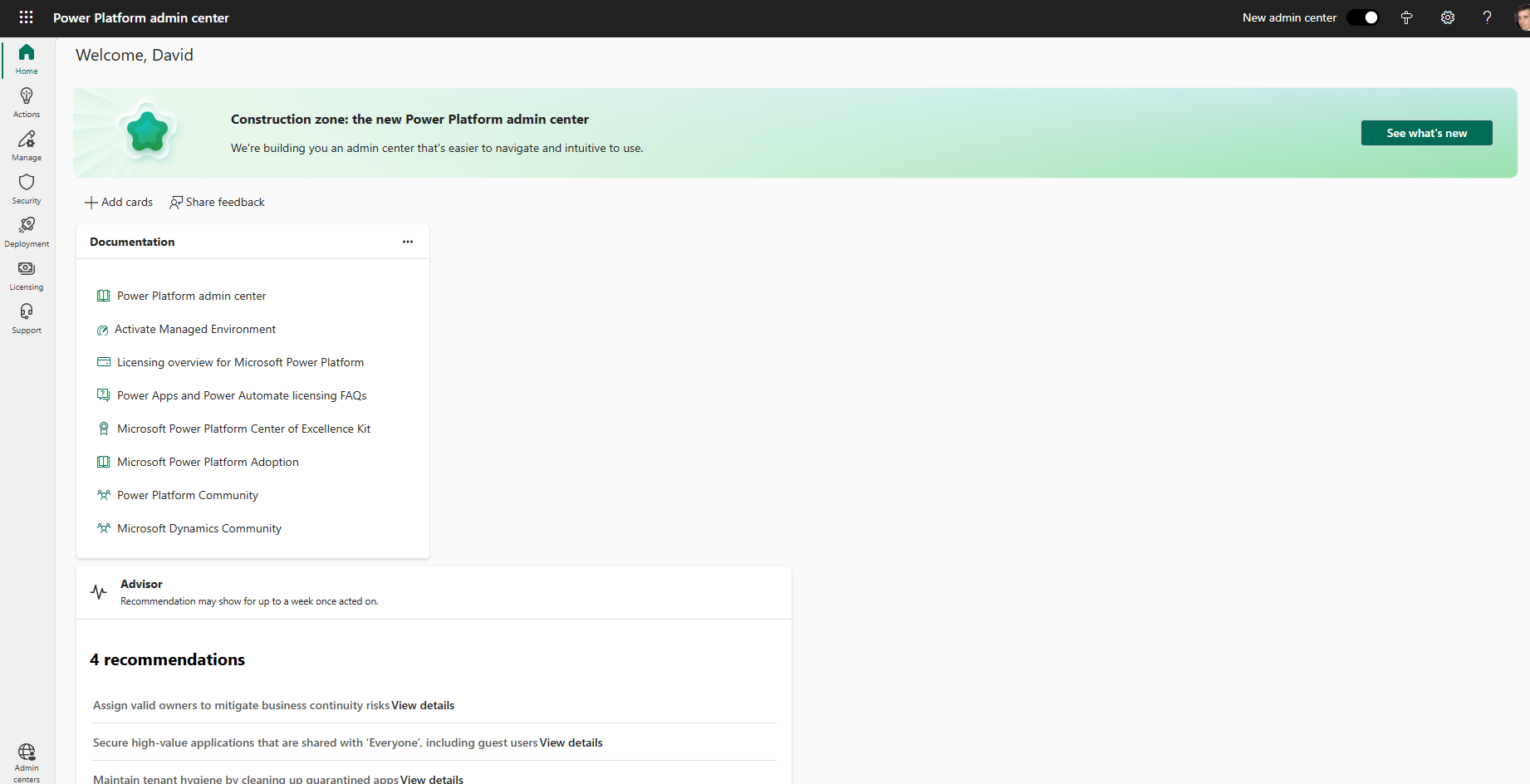 new admin center