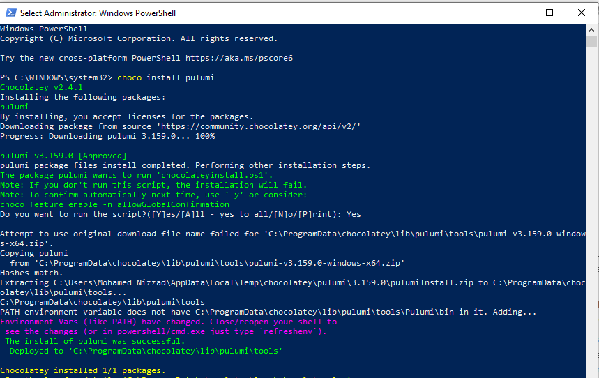 Installing Pulumi with Windows PowerShell