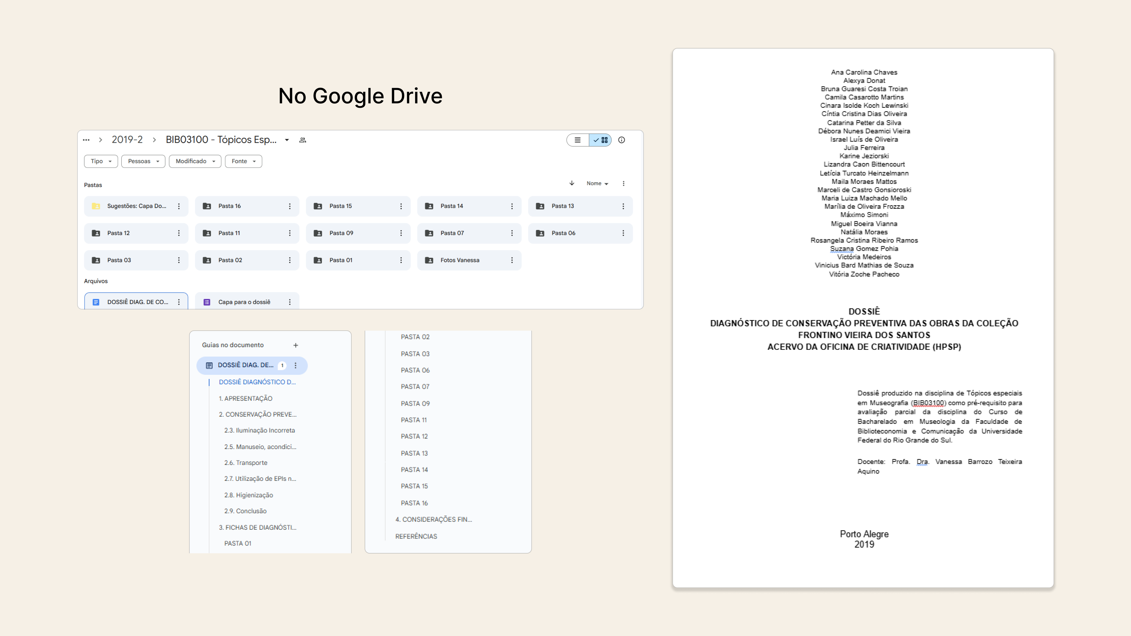 Captura de tela do Google Drive da turma e do sumário do arquivo do dossiê que foi entregue a instituição