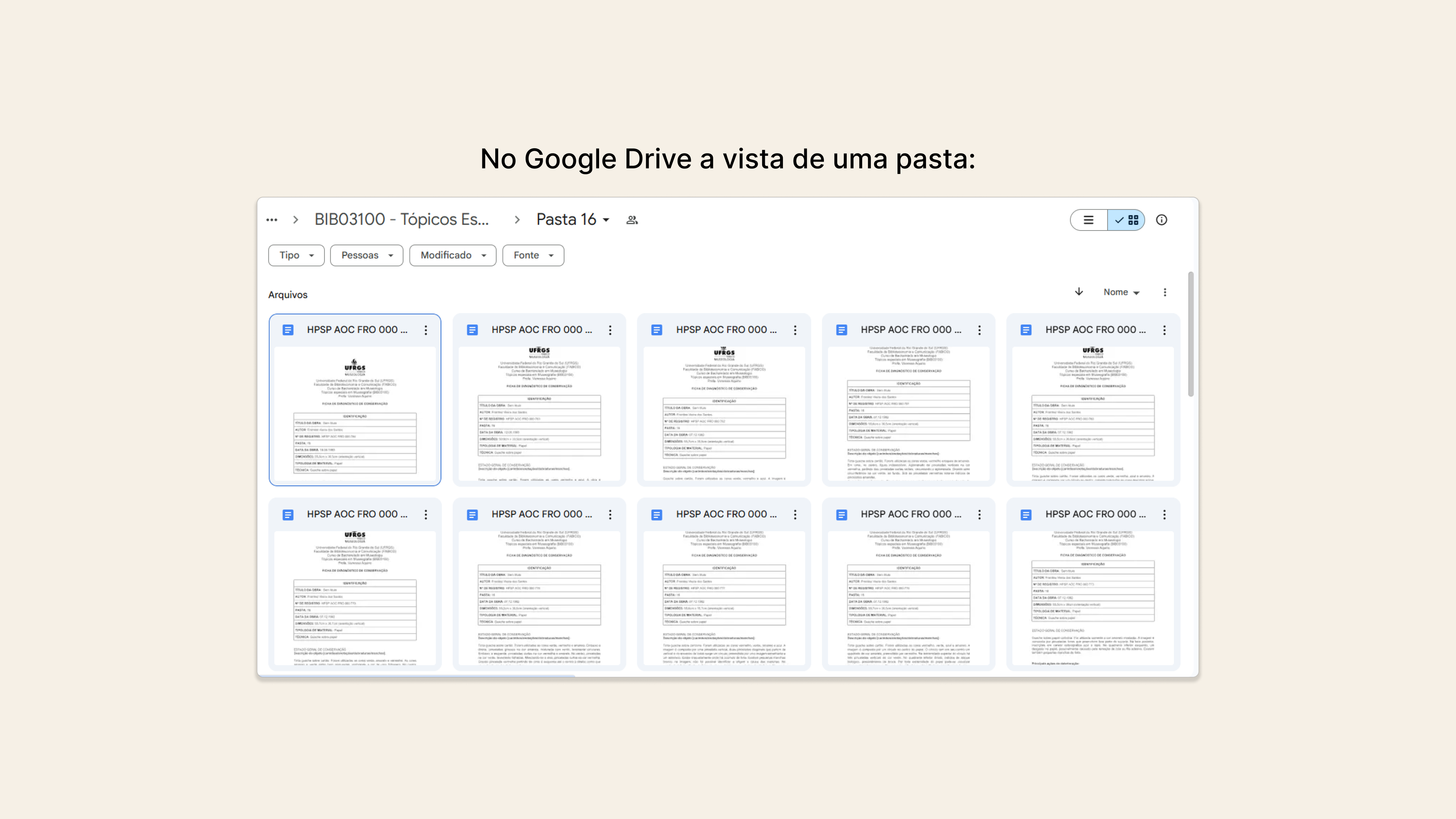 Captura de tela do Google Drive da turma, especificamente de uma das pastas com todas as fichas de registro de obras