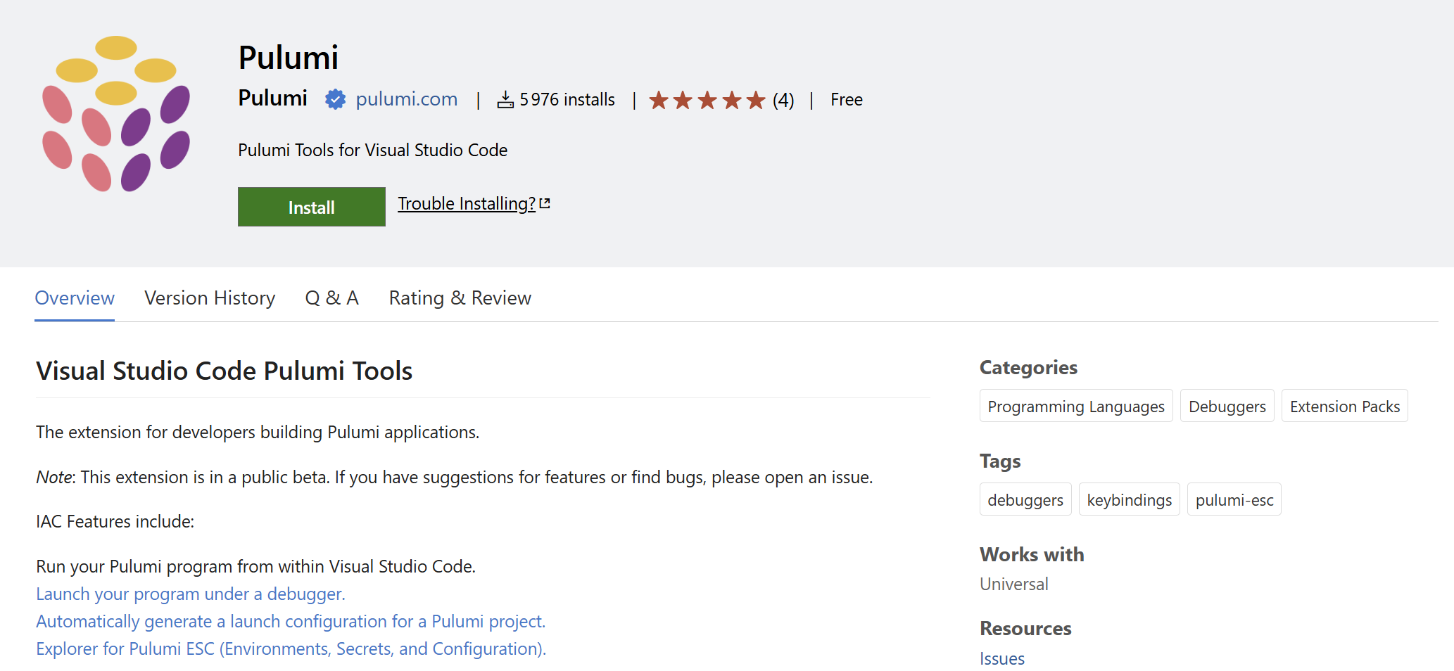 Screenshot of Pulumi Tools for Visual Studio Code extension page.