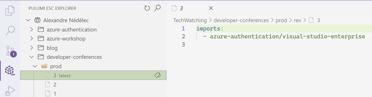 Screenshot of the Pulumi ESC explorer in vscode with the developer-conferences/prod environment opened.