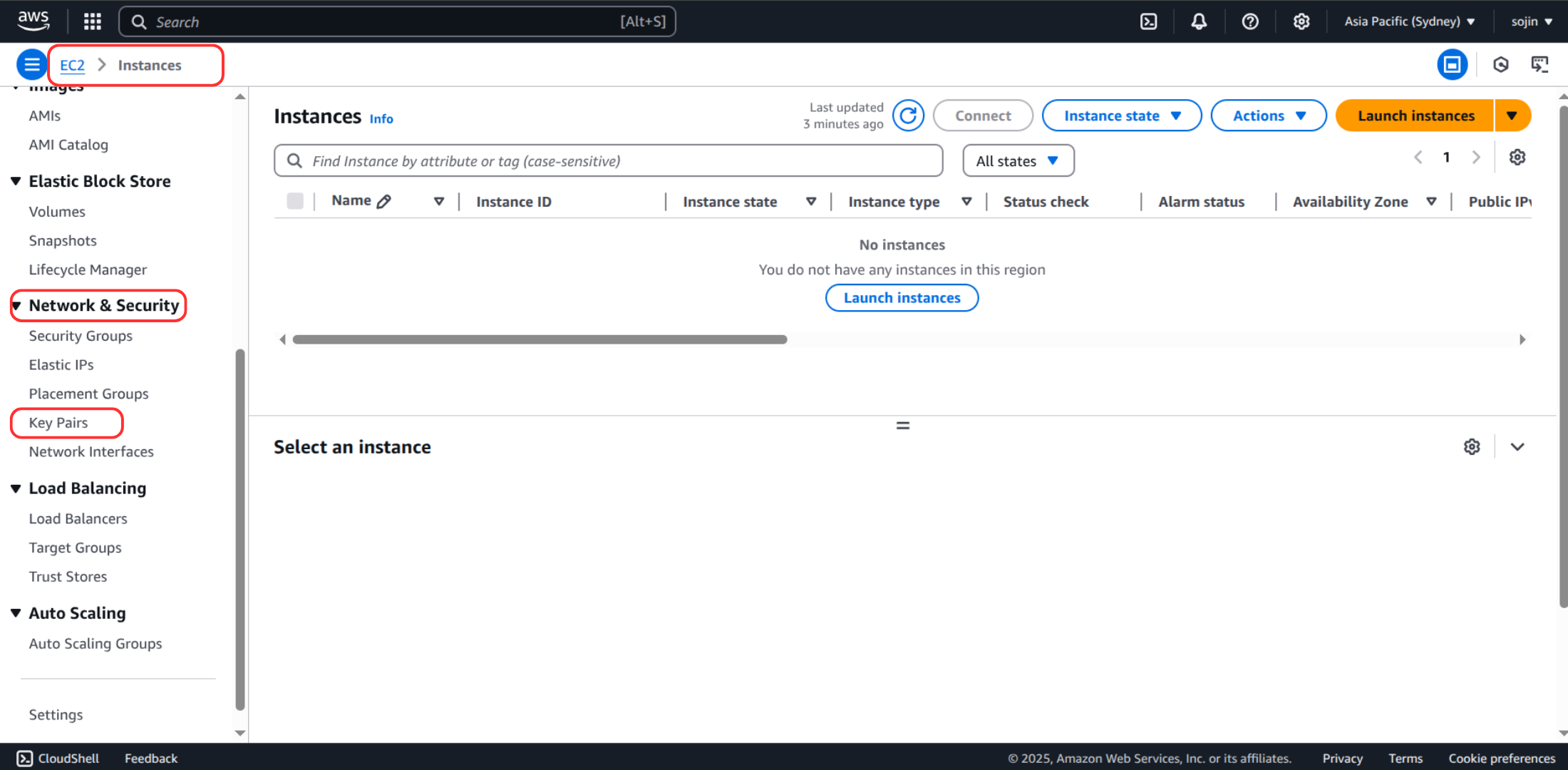 Find EC2 key pair section