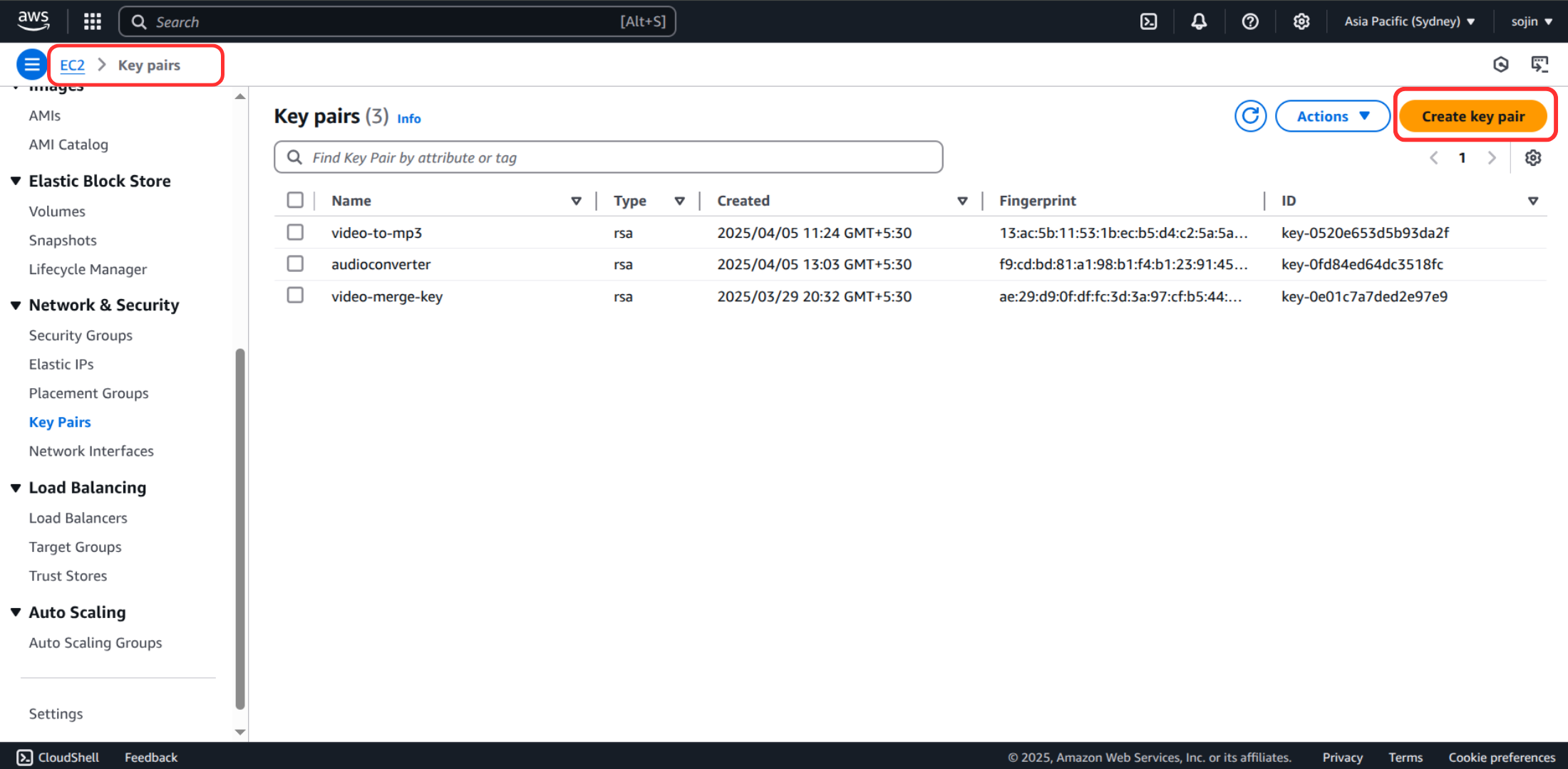 Click on create key pair