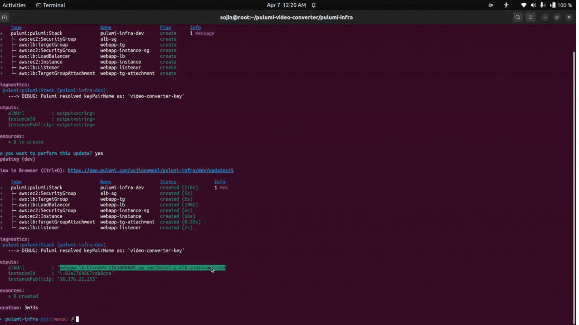 Verify deployment made via pulumi to aws