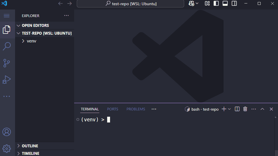 Text editor with user typing commands from Greening tool to scaffold a project
