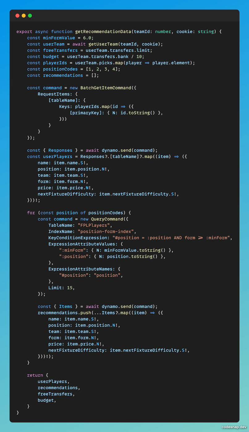 Method to store recommended player data from DynamoDB