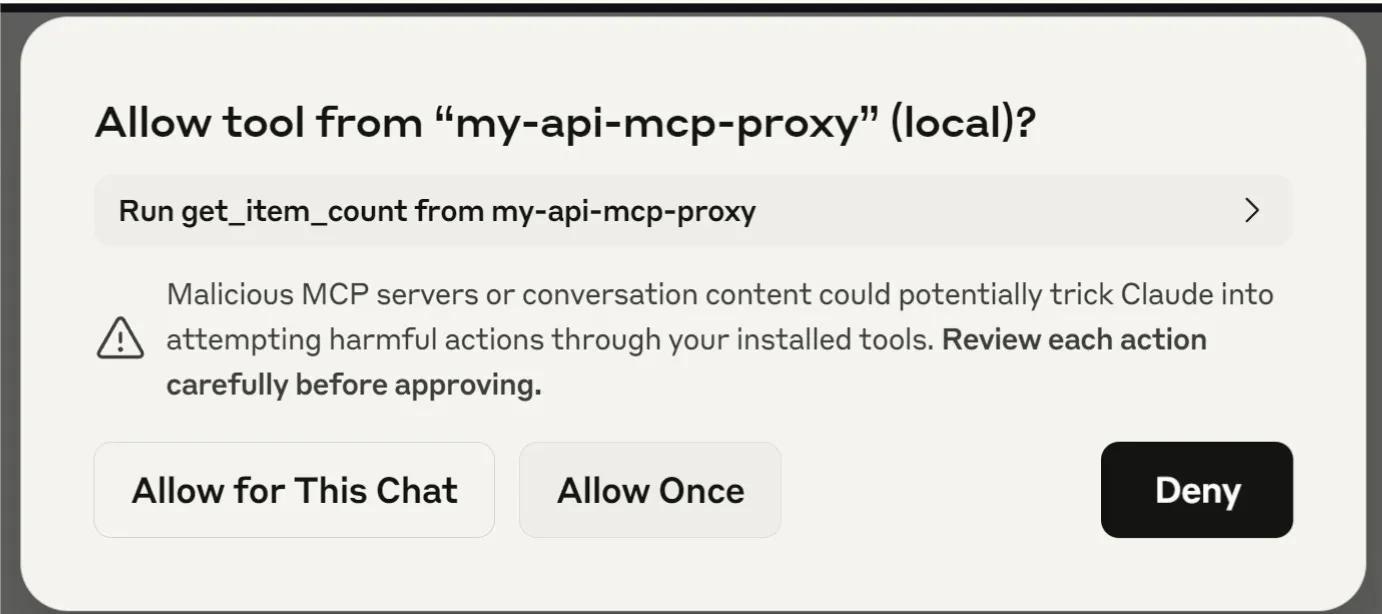 Claude Desktop asks for permissions to run the MCP tool