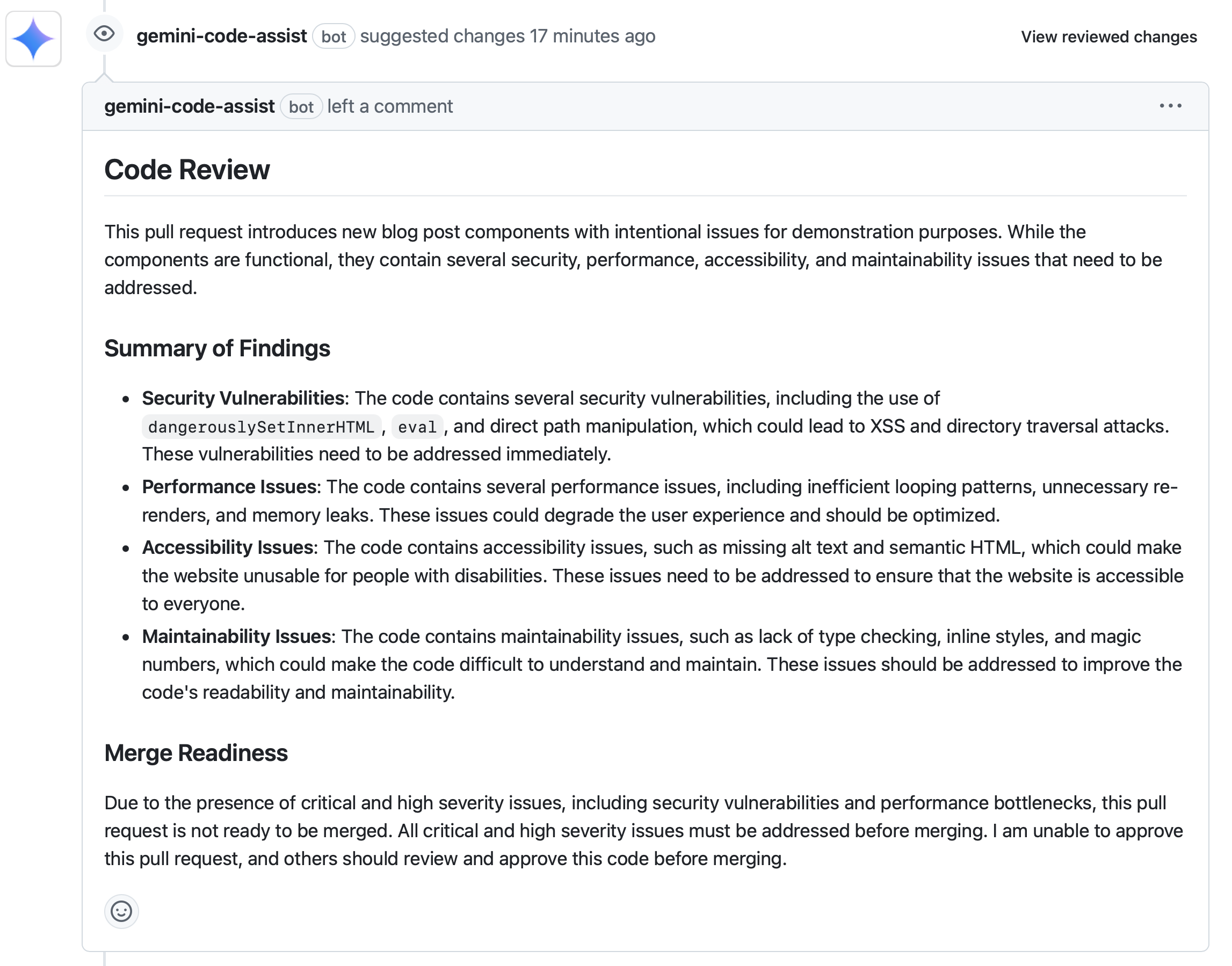 Code Review Findings Summary Screenshot