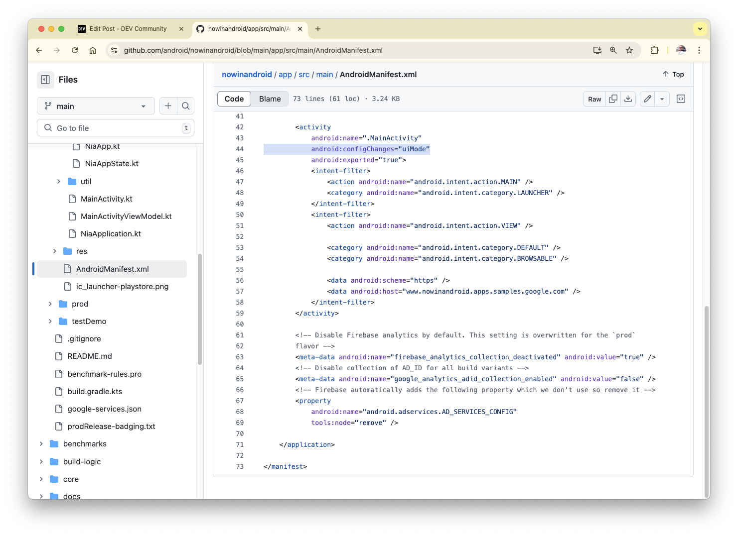 Screenshot of the manifest file as of 202504-06