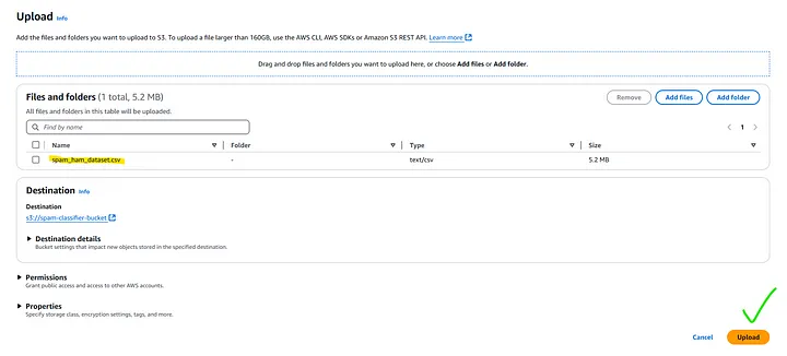 Select the spam_ham_dataset.csv file and Upload into — AWS S3