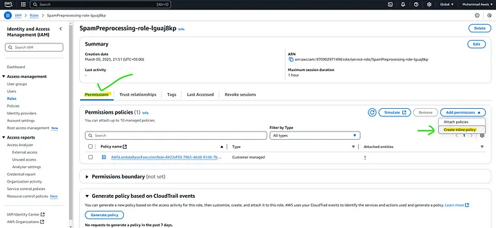 Add permissions and then Create inline policy