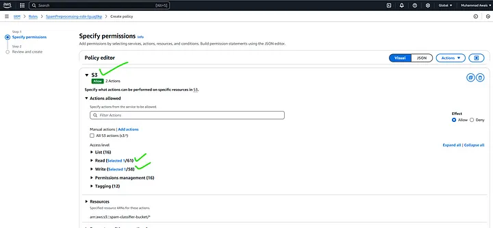Viewer Tab — Specify permissions — IAM Role AWS