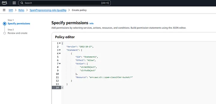 JSON Tab — Specify permissions — IAM Role AWS