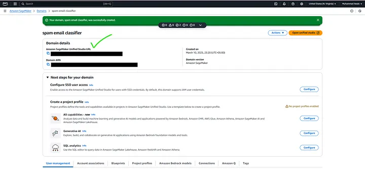 Unified SageMaker Studio Domain — Successfully created